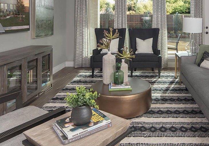 Beautiful living room from Perry Homes in Texas featuring indoor plants, succulents, earth tones and other nature inspired de